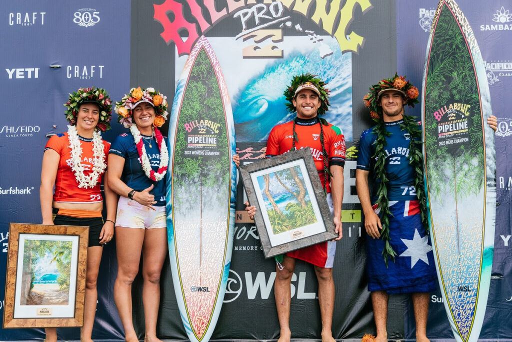 Tyler Wright, Carissa Moore, Leonardo Fioravanti e Jack Robinson (Crédito da Foto: @WSL / Tony Heff)