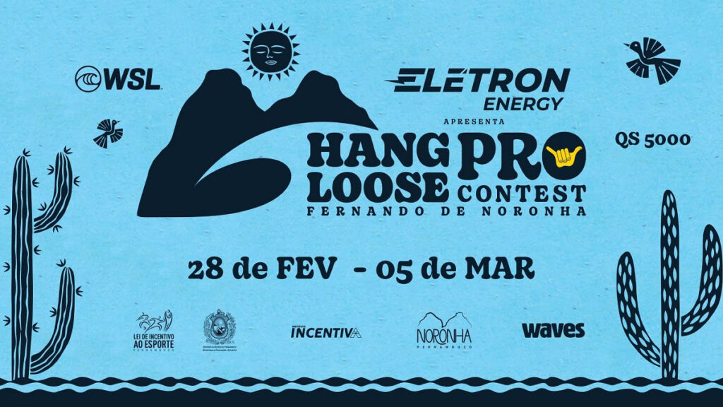 Criação com técnica de xilogravura do artista Bacaro Borges no cartaz do Hang Loose Pro Contest 2023