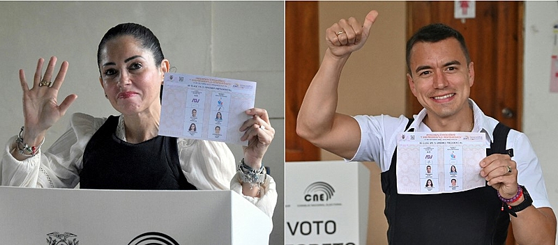 González e Noboa na hora do voto: ele fala em mudança e ela espera viabilizar a volta da Revolução Cidadã ao poder - Rodrigo BUENDIA, MARCOS PIN / AFP