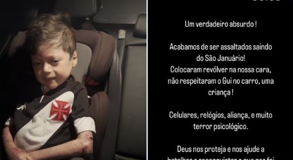 Pequeno Gui e post realizado por sua mãe relatando o acontecimento. (Foto: Reprodução)