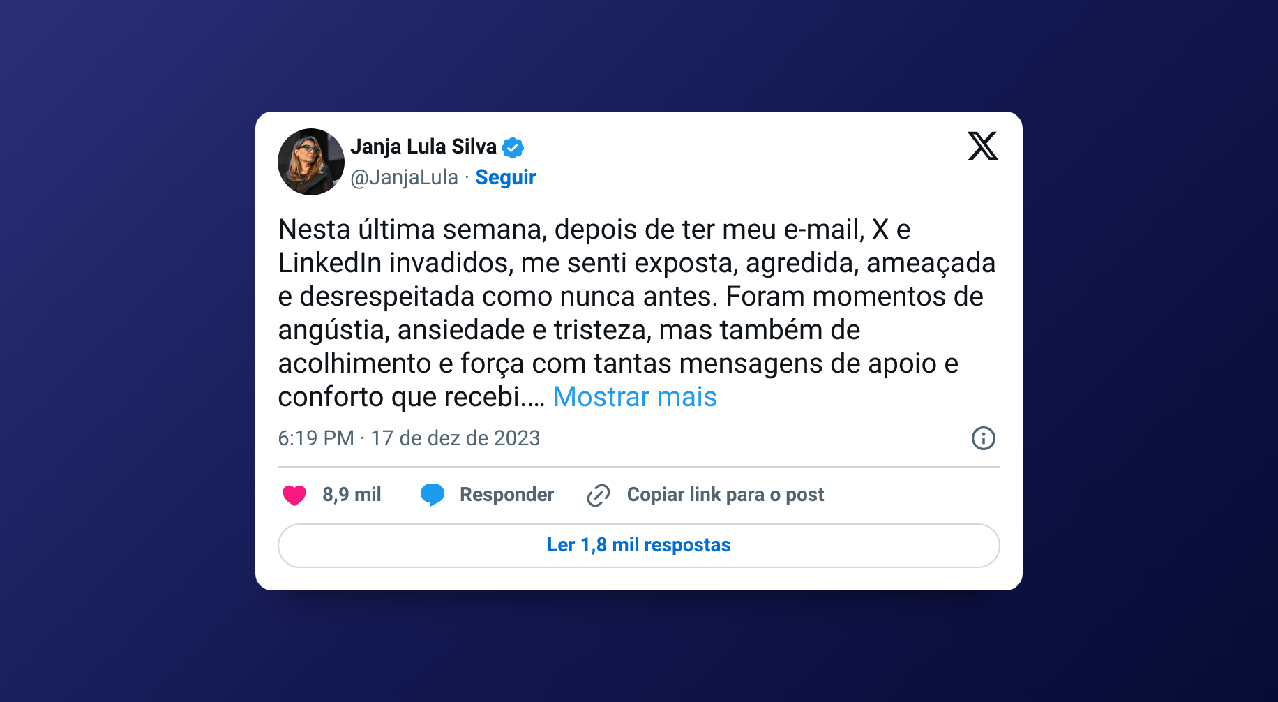 Janja reativa conta no X, antigo Twitter