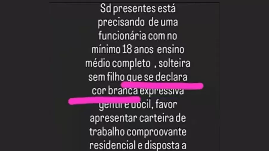 Print de anúncio de vaga de emprego feito por loja SD Presentes. Foto: Reprodução