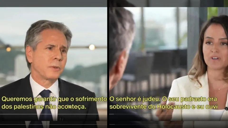 Antony Blinken em entrevista a Raquel Krahenbühl, na GloboNews. Créditos: Reprodução / GloboNews