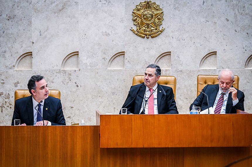 Rodrigo Pacheco, Luís Roberto Barroso e o presidente Lula na abertura do Ano Judiciário Pedro Gontijo/Senado Federal