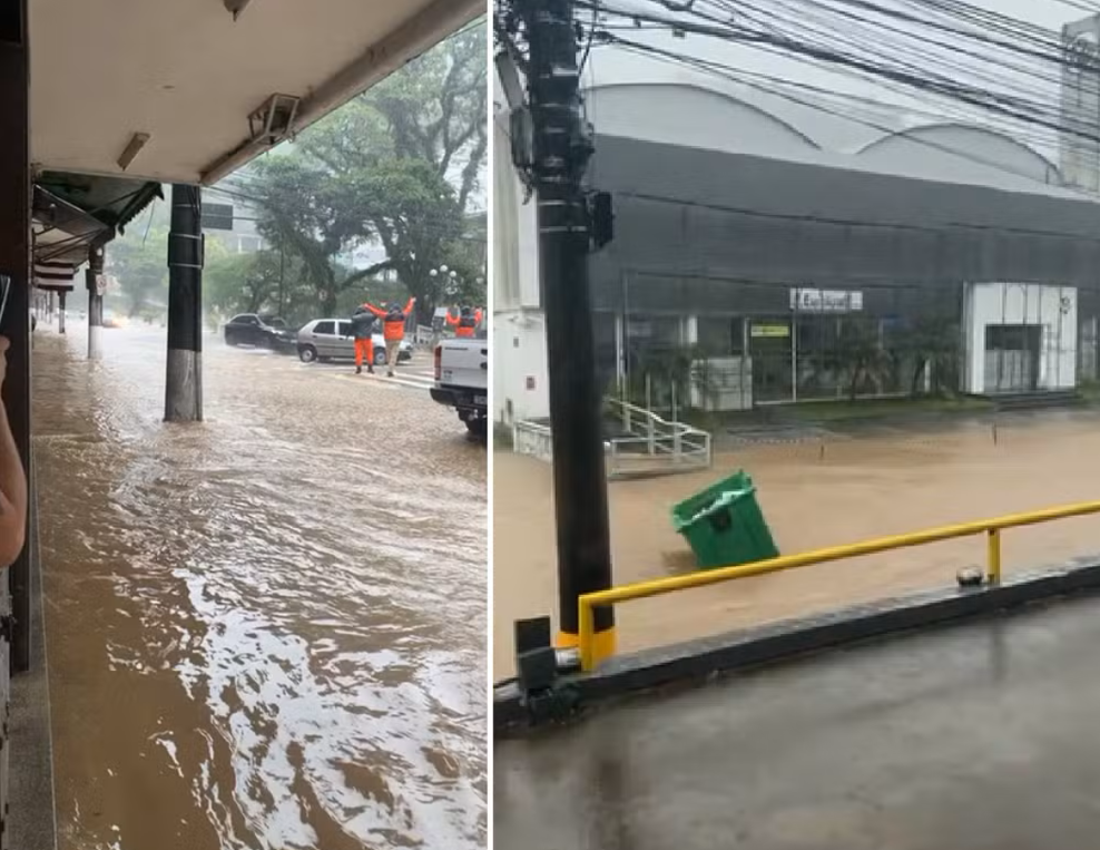 Inundação na rua do Imperador e Coronel Veiga, Petrópolis. Foto: Reprodução redes sociais