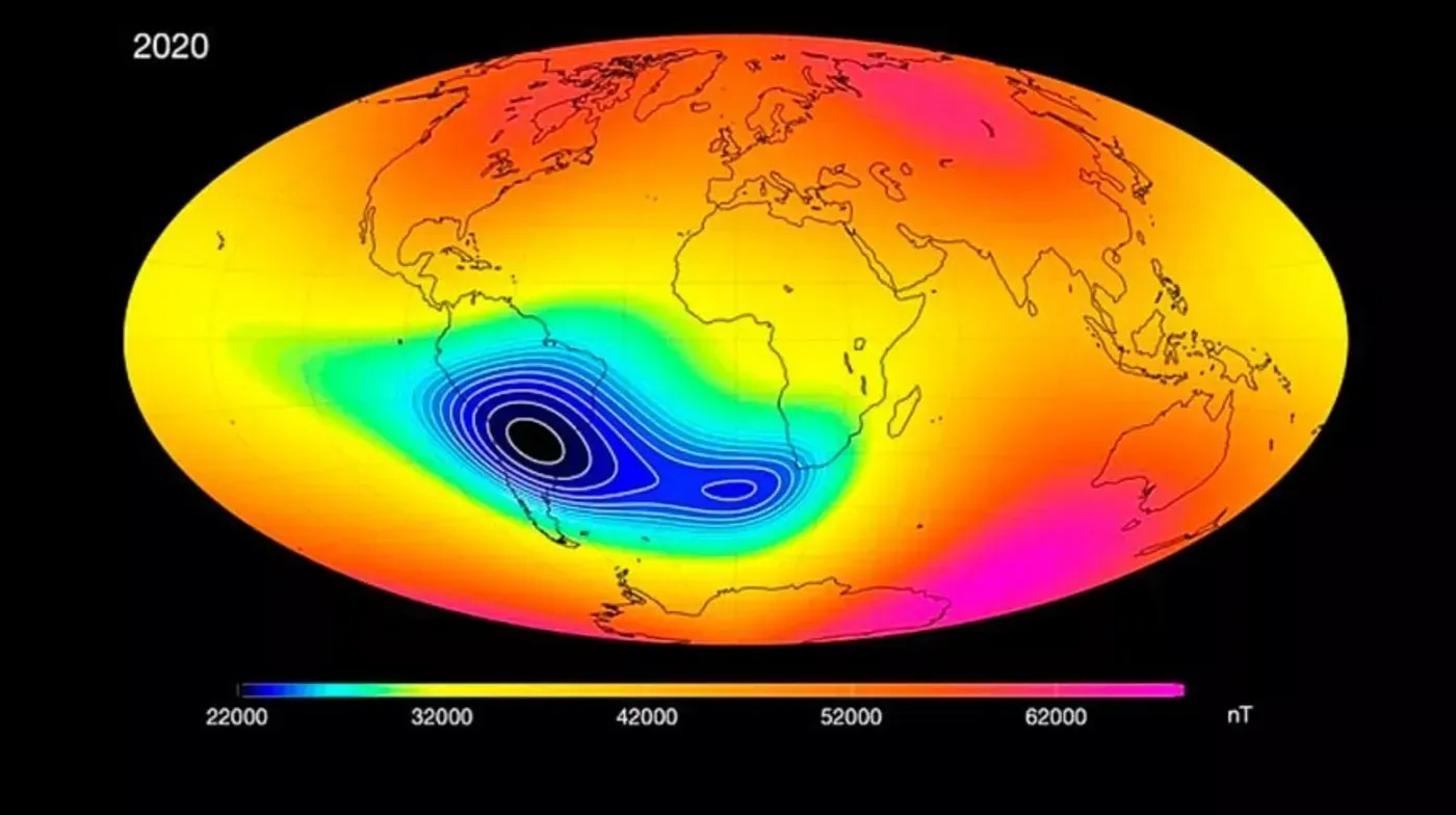 Ilustração da Anomalia Magnética do Atlântico Sul (AMAS) no sul e sudeste do Brasil.