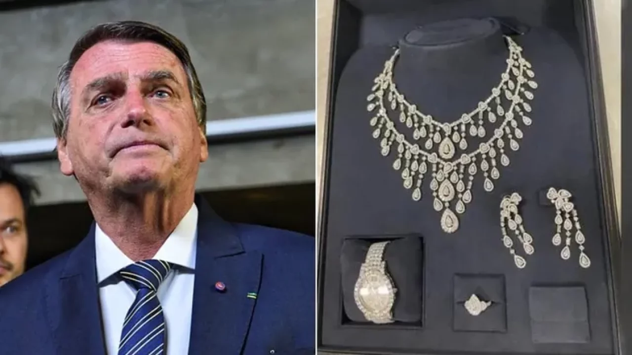 O ex-presidente Jair Bolsonaro e um conjunto de joias vendidas no exterior. Foto: Reprodução