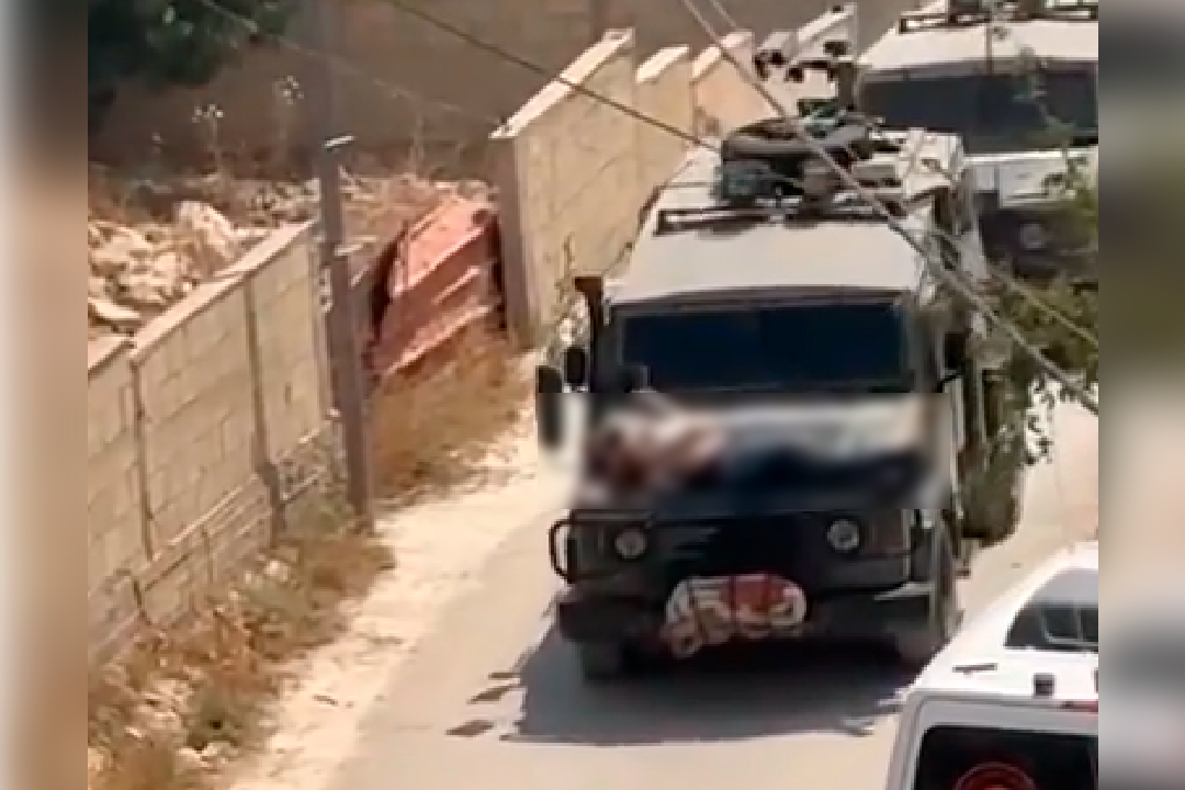 Palestino é amarrado em carro do Exército de Israel. Foto: reprodução