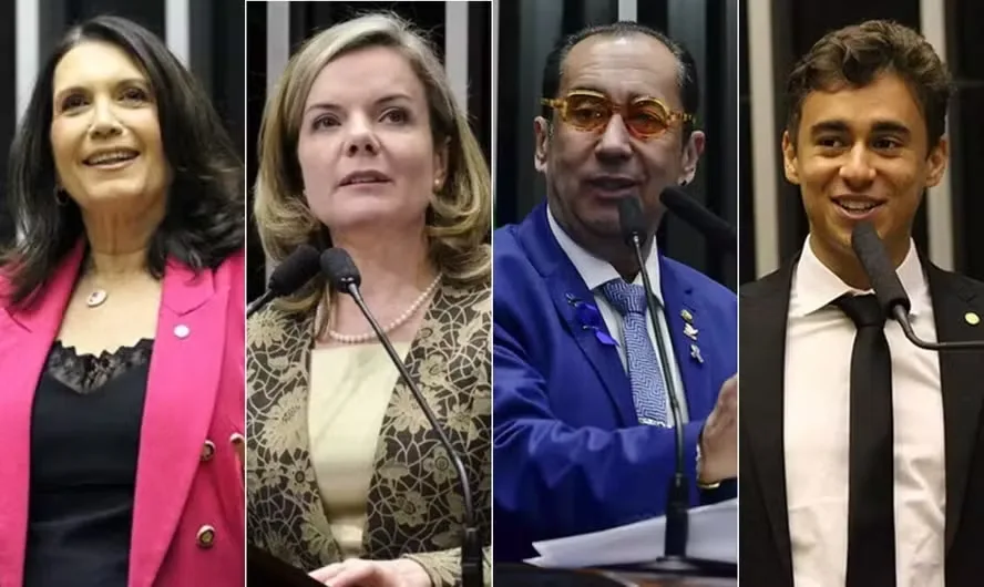 Pasmem: Os parlamentares Bia Kicis, Gleisi Halffmann, Jorge Kajuru e Nikolas Ferreira estão entre os 100 'cabeças' do Congresso — Foto: Câmara dos Deputados/ Agência Senado