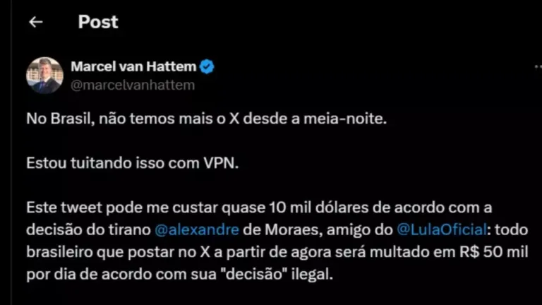 Publicação feita pelo deputado federal Marcel Van Hattem. Foto: Divulgação