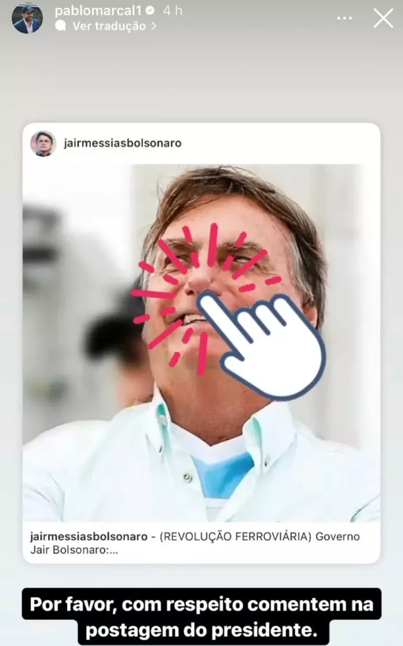 Nos stories do Instagram, Marçal sugere que Bolsonaro cheira cocaína. Foto: Reprodução