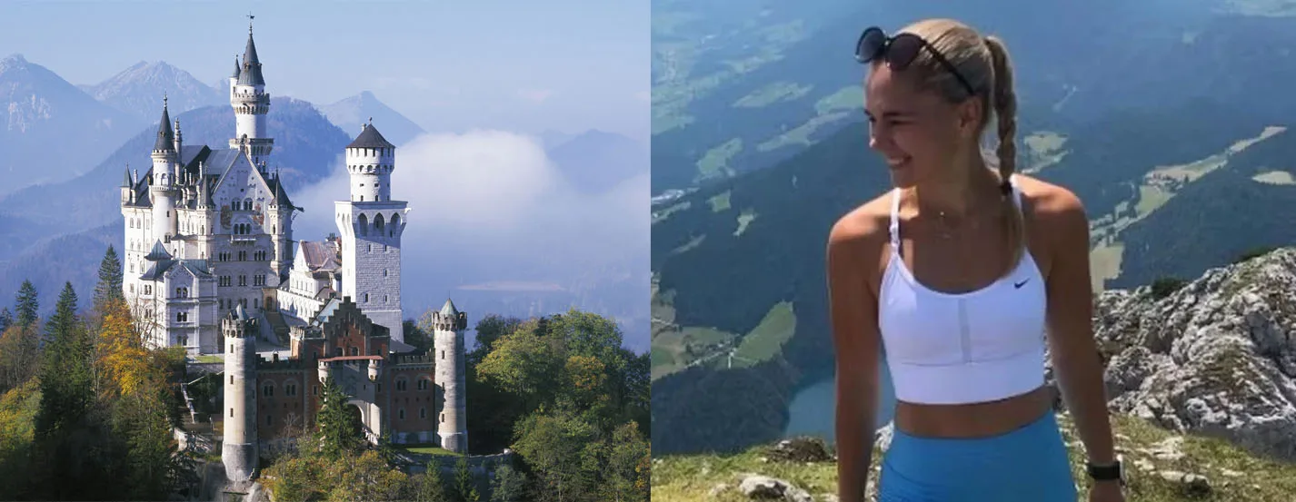 Fotomontagem com o Castelo de Neuschwanstein e a atleta tcheca