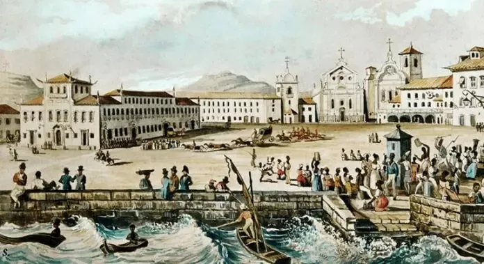 Largo do Paço (ca. 1839), atual Praça XV, no Rio de Janeiro, onde os revoltosos de São Gonçalo desembarcaram. Imagem de Johann Jacob Steinmann