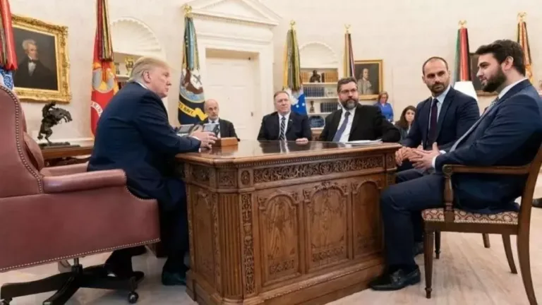 Donald Trump e Mike Pompeo em reunião com Eduardo Bolsonaro, Filipe Martins, Ernesto Araújo na Casa Branca. Foto: Reprodução