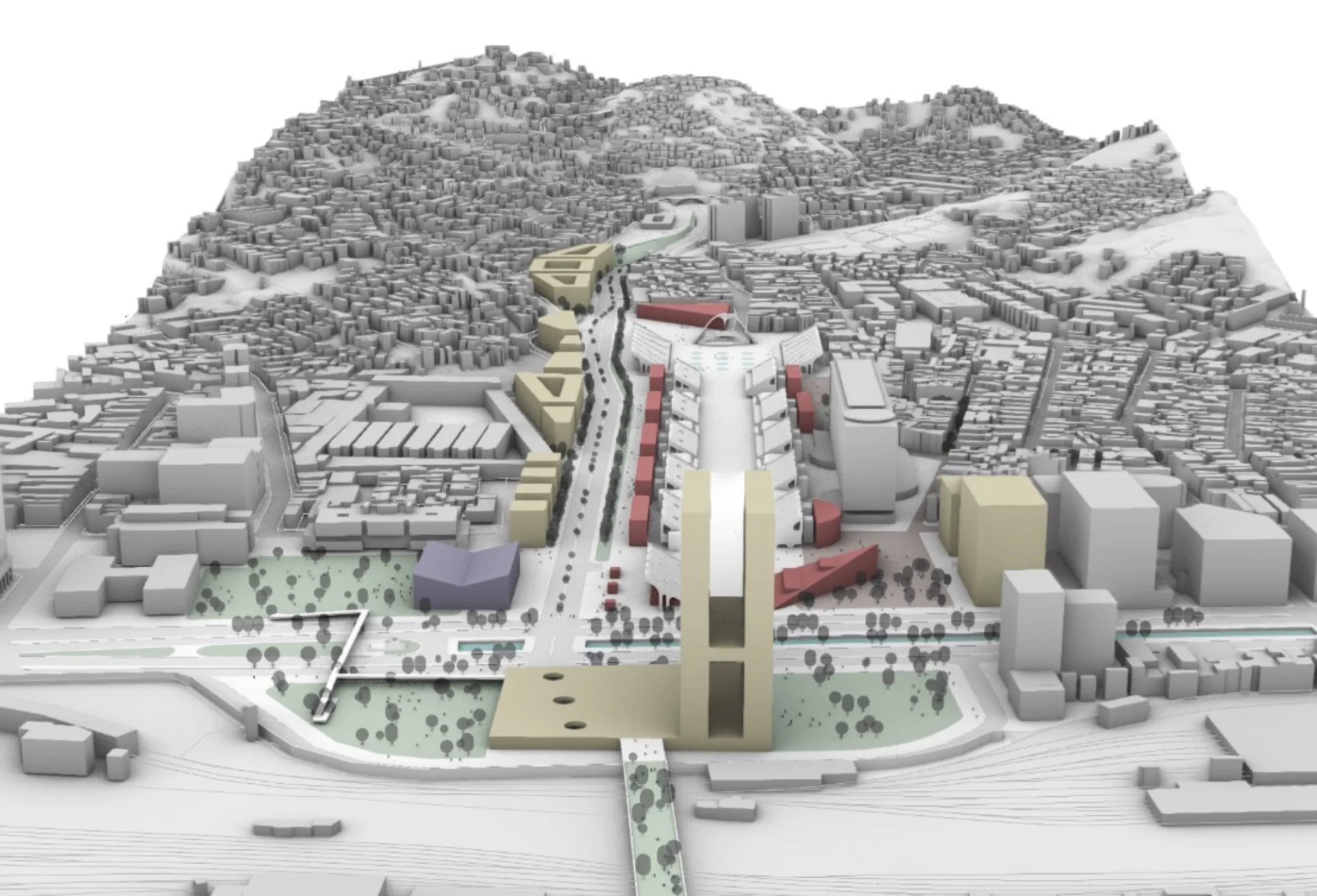 Projeção de como ficará a região do Sambódromo após a demolição do Elevado 31 de Março e requalificação da área, com a construção de túnel sob a linha férrea, parques, prédios residenciais, sala de espetáculos e o museu do samba. Fotos: Divulgação/ Prefeitura do Rio