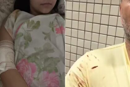 O curativo no braço da menina e as marcas de sangue na blusa do pai. Foto: Foto do leitor e Reprodução do Instagram