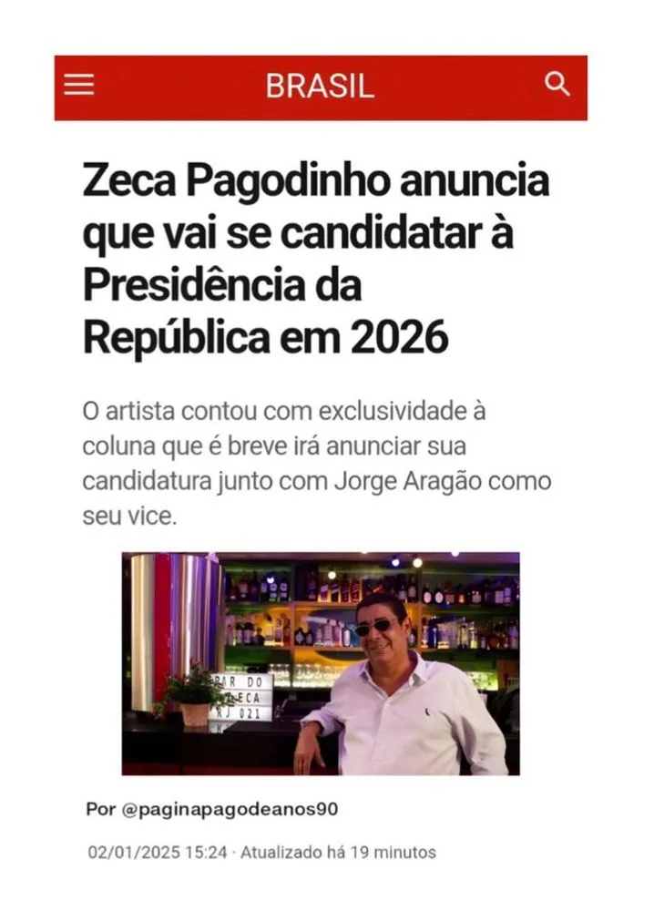 Internautas "lançam" Zeca Pagodinho como candidato à presidência em reação bem-humorada à declaração de Gusttavo Lima sobre eleições 2026.