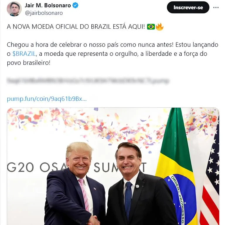 Post na conta do ex-presidente Jair Bolsonaro (PL) sobre criptomoeda após suposto ataque hacker. Foto: Reprodução