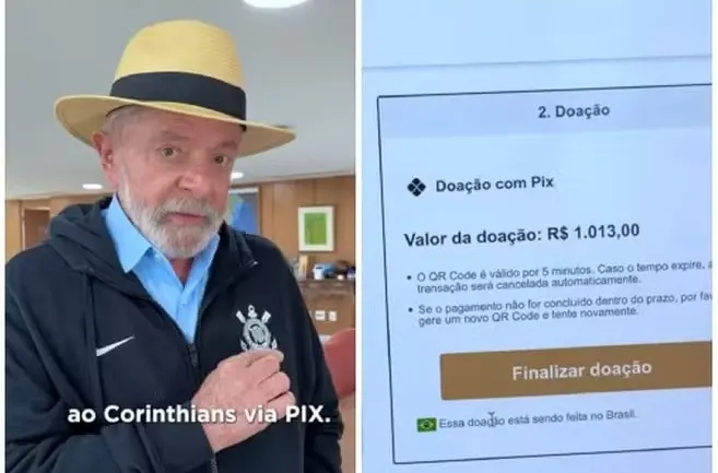 O presidente Lula doou R$ 1.013 ao Corinthians para desmentir fake news sobre taxação de transferências via Pix. Foto: Reprodução