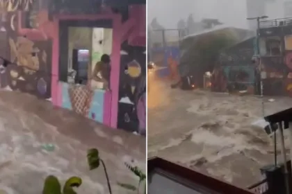 O Beco do Batman, na Vila Madalena (SP), inundado. Foto: Reprodução