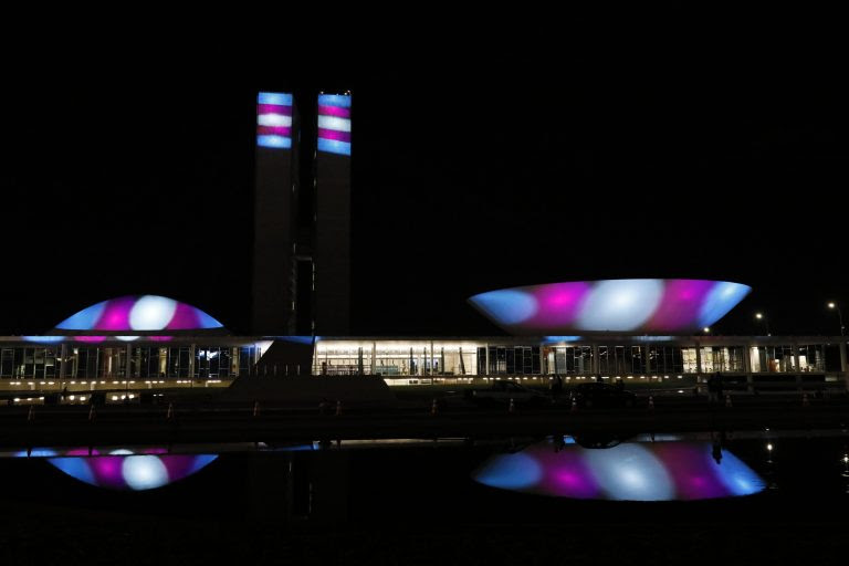 Em 2024, cúpulas e torres do Congresso também foram iluminadas de rosa, azul e branco. Crédito da foto: Luis Macedo/Câmara dos Deputados