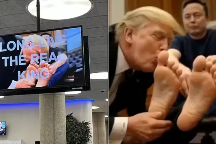 Hackers invadem sistema do governo dos EUA e exibem imagem gerada por inteligência artificial de Trump beijando os pés de Musk. Foto: Reprodução