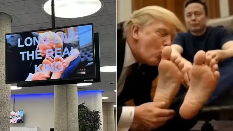 Hackers invadem sistema do governo dos EUA e exibem imagem gerada por inteligência artificial de Trump beijando os pés de Musk. Foto: Reprodução