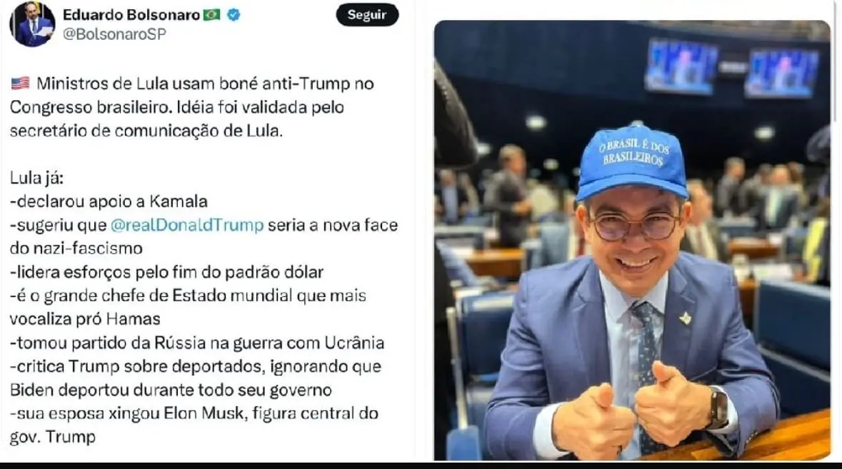 Eduardo Bolsonaro se revolta com boné de Randolfe