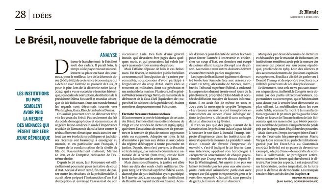 Le Monde destaca Brasil como símbolo de resistência democrática após tentativa de golpe liderada por Jair Bolsonaro.