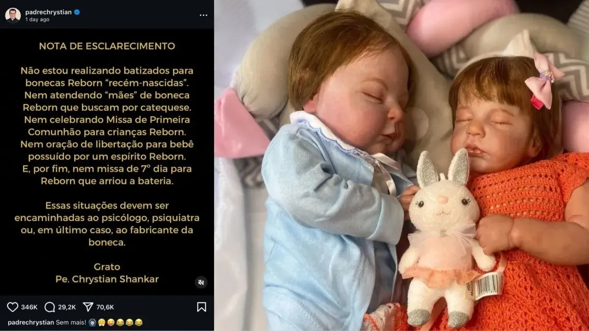 Post em que padre Chrystian declara que não realizará batismos nem outros rituais religiosos para bebês reborn – Foto: Reprodução
