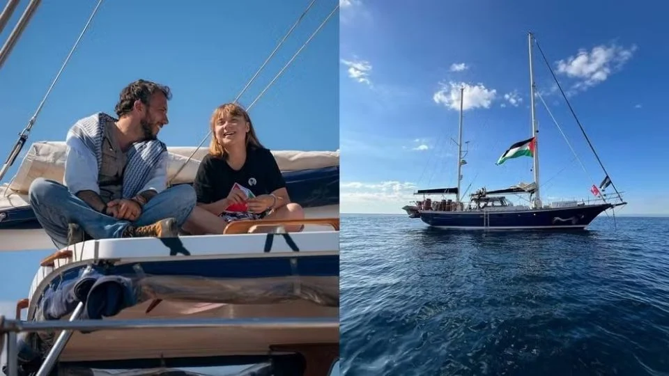 O brasileiro Thiago Ávila e a sueca Greta Thunberg estão a bordo do "Madleen". Créditos: Reprodução/Coalizão Flotilha da Liberdade