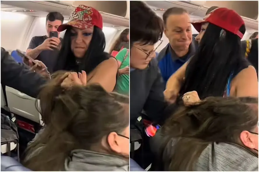 Mulher precisou ser contida por funcionários da companhia área após puxar o cabelo de passageira brasileira. Foto: Reprodução