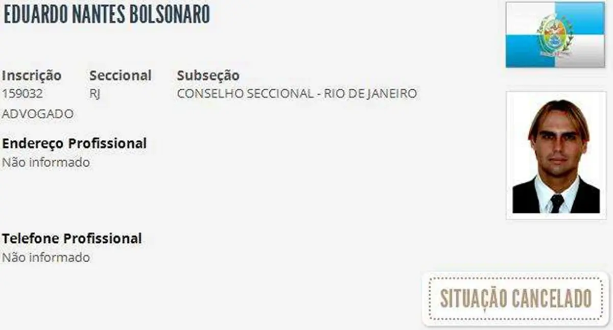 Reprodução do site da Ordem dos Advogados do Brasil mostrando o cancelamento da inscrição de Eduardo Bolsonaro