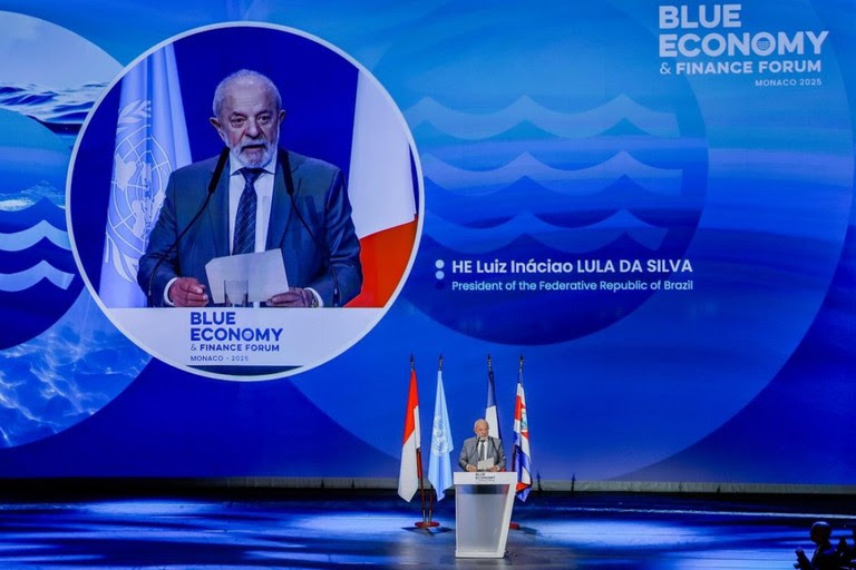 O presidente Lula durante discurso em Mônaco: “O planeta não aguenta mais promessas não cumpridas. Não há saída isolada para os desafios que requerem ação coletiva”. Foto: Ricardo Stuckert / PR