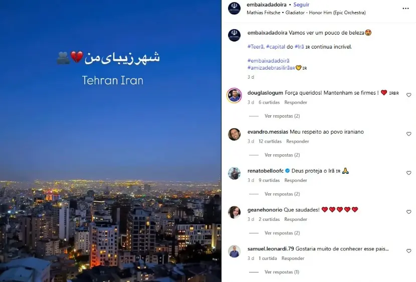 Embaixada do Irã no Brasil usa emoji simbolizando aperto de mãos e hasthag para destacar “amizade” entre os países. Foto: Reprodução