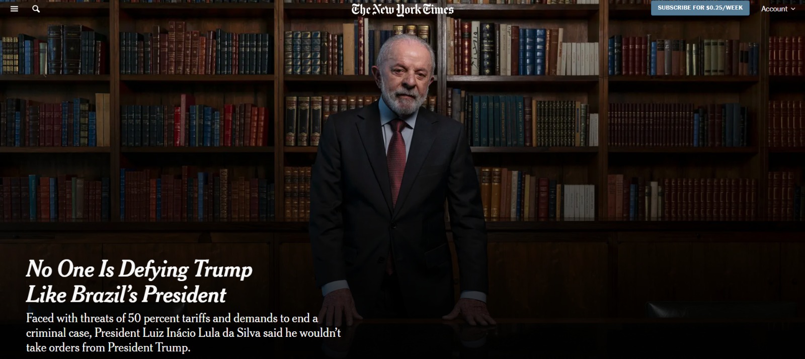 Matéria do New York Times com o Presidente Lula - Imagem Reprodução Nytimes.com