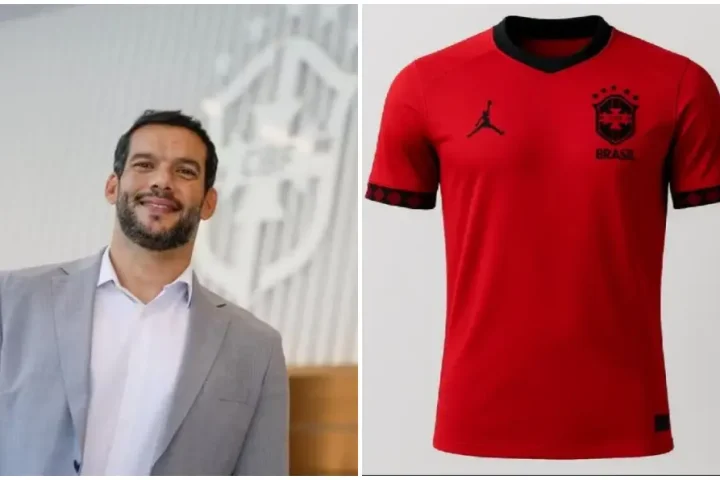 O presidente da CBF, Samir Xaud, e a camisa vermelha da seleção brasileira, segundo o site Footy Headlines. Foto: Reprodução