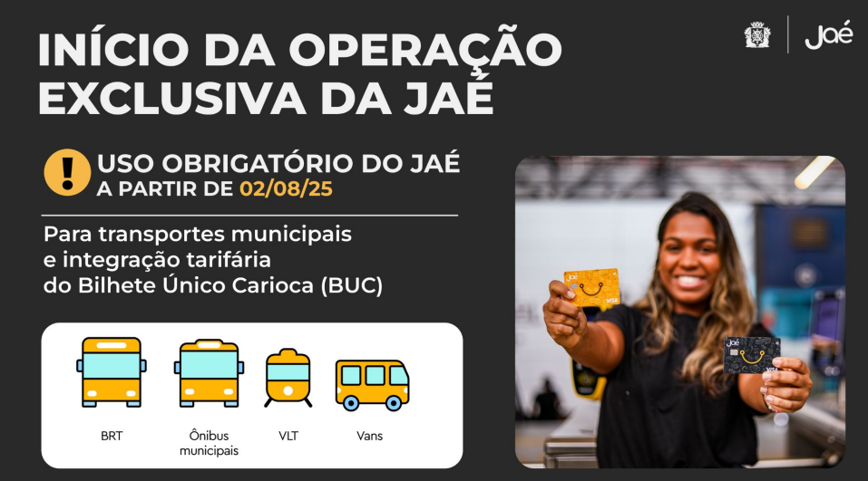 Passageiros devem utilizar o Jaé em ônibus, BRT, VLT, vans legalizadas e em integrações com o metrô. Arte: Divulgação/Prefeitura