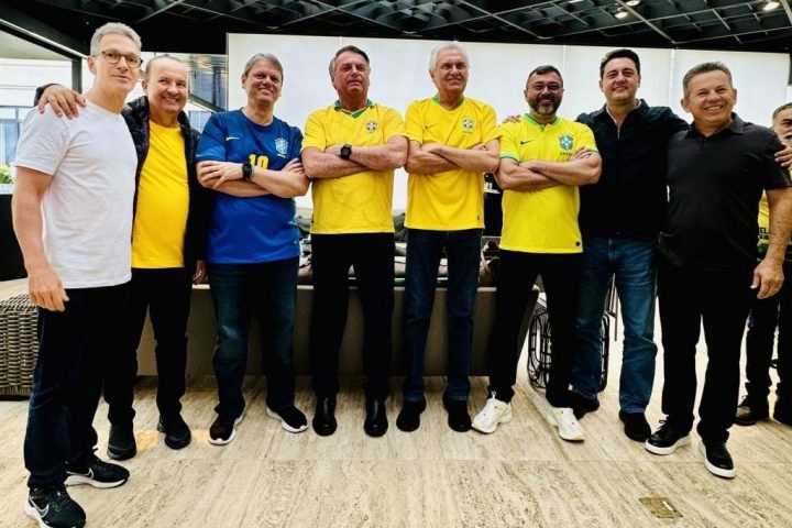 Zema, Jorginho Mello, Tarcísio, Bolsonaro, Caiado, Wilson Lima, Ratinho e Mauro Mendes. Foto: reprodução