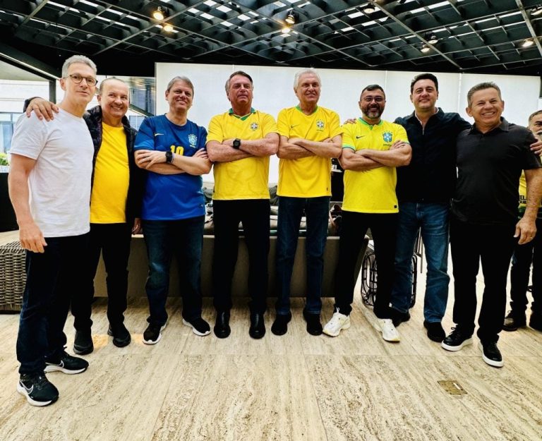 Zema, Jorginho Mello, Tarcísio, Bolsonaro, Caiado, Wilson Lima, Ratinho e Mauro Mendes. Foto: reprodução