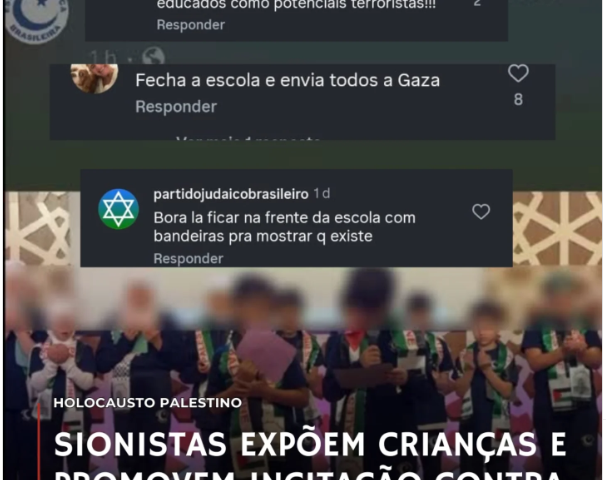 Grupos sionistas expõem crianças e promovem ameaças e discurso de ódio contra escola muçulmana em São Paulo, incentivando violência e islamofobia.