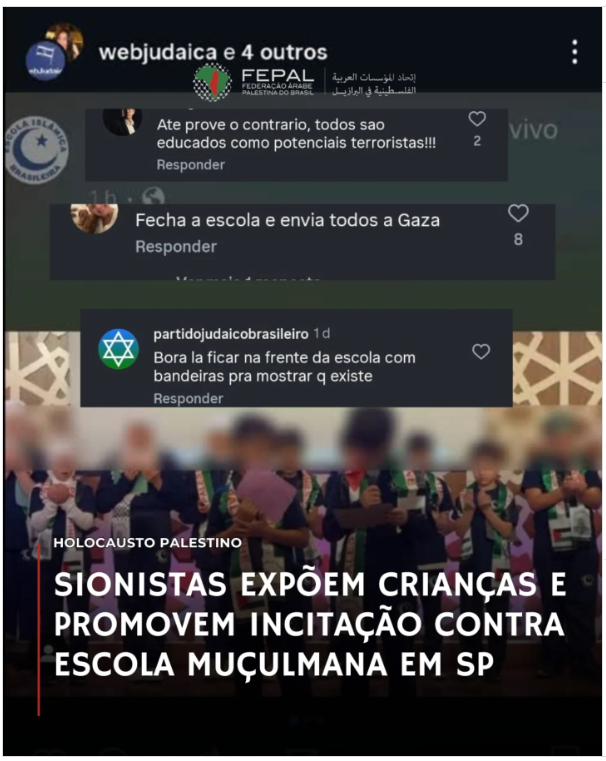 Grupos sionistas expõem crianças e promovem ameaças e discurso de ódio contra escola muçulmana em São Paulo, incentivando violência e islamofobia.
