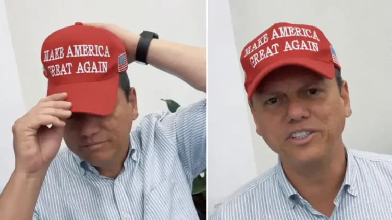 O governador de São Paulo, Tarcísio de Freitas (Republicanos), com boné do movimento “MAGA”, de Donald Trump. Foto: Reprodução