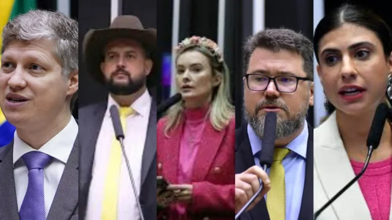 Os deputados Marcel van Hatten (Novo-RS), Zé Trovão (PL-SC), Júlia Zanatta (PL-SC), Marcos Pollon (PL-MS) e Camila Jara (PT-MS). Fotomontagem