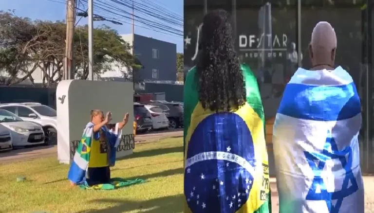 Apoiadoras de Jair Bolsonaro com bandeiras do Brasil e de Israel enroladas ao corpo em frente ao Hospital DF Star, em Brasília. Foto: Reprodução