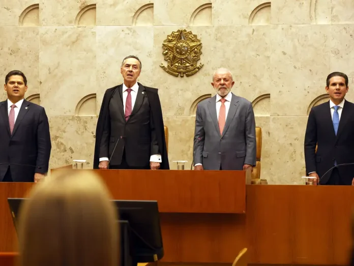 Presidente do Senado Federal Davi Alcolumbre, presidente do STF Roberto Barroso, presidente da república Luiz Inácio Lula da Silva e o presidente da Câmara dos Deputados Hugo Mota durante sessão Solene de Abertura do Ano Judiciário do STF. Foto: Antônio Cruz/Agência Brasil