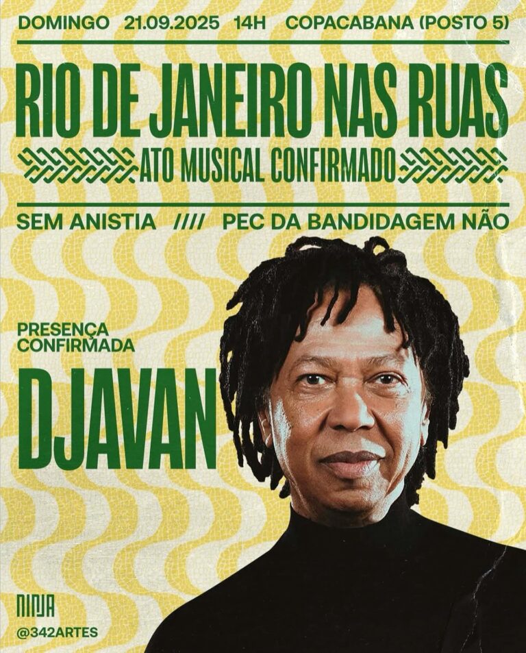 Djavan, Chico Buarque, Caetano Veloso e Gilberto Gil lideram protesto em Copacabana contra PEC da Blindagem e anistia a golpistas, mobilizando população e artistas pelo fortalecimento da democracia