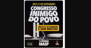 Frente Povo Sem Medo convoca ato "Congresso Inimigo do Povo" para domingo (21) no MASP em São Paulo contra PEC da Blindagem e anistia a golpistas.
