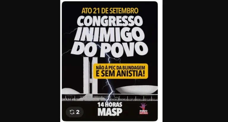 Frente Povo Sem Medo convoca ato "Congresso Inimigo do Povo" para domingo (21) no MASP em São Paulo contra PEC da Blindagem e anistia a golpistas.