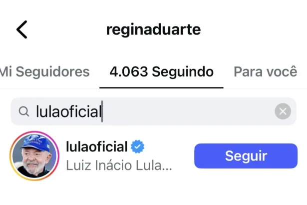 O presidente Lula aparece entre os usuários seguidos por Regina Duarte no Instagram. Foto: Reprodução